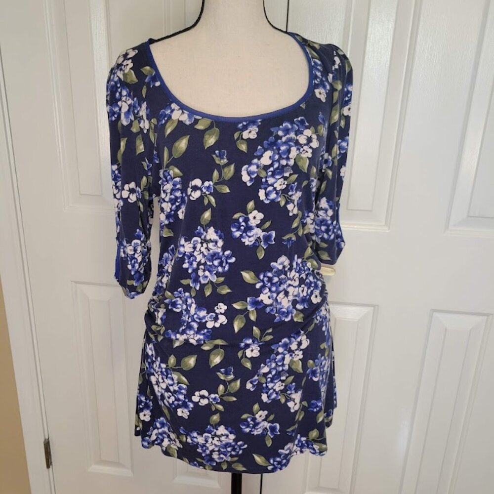 White House Black Market Navy Floral Ruched Tunic Top Size L